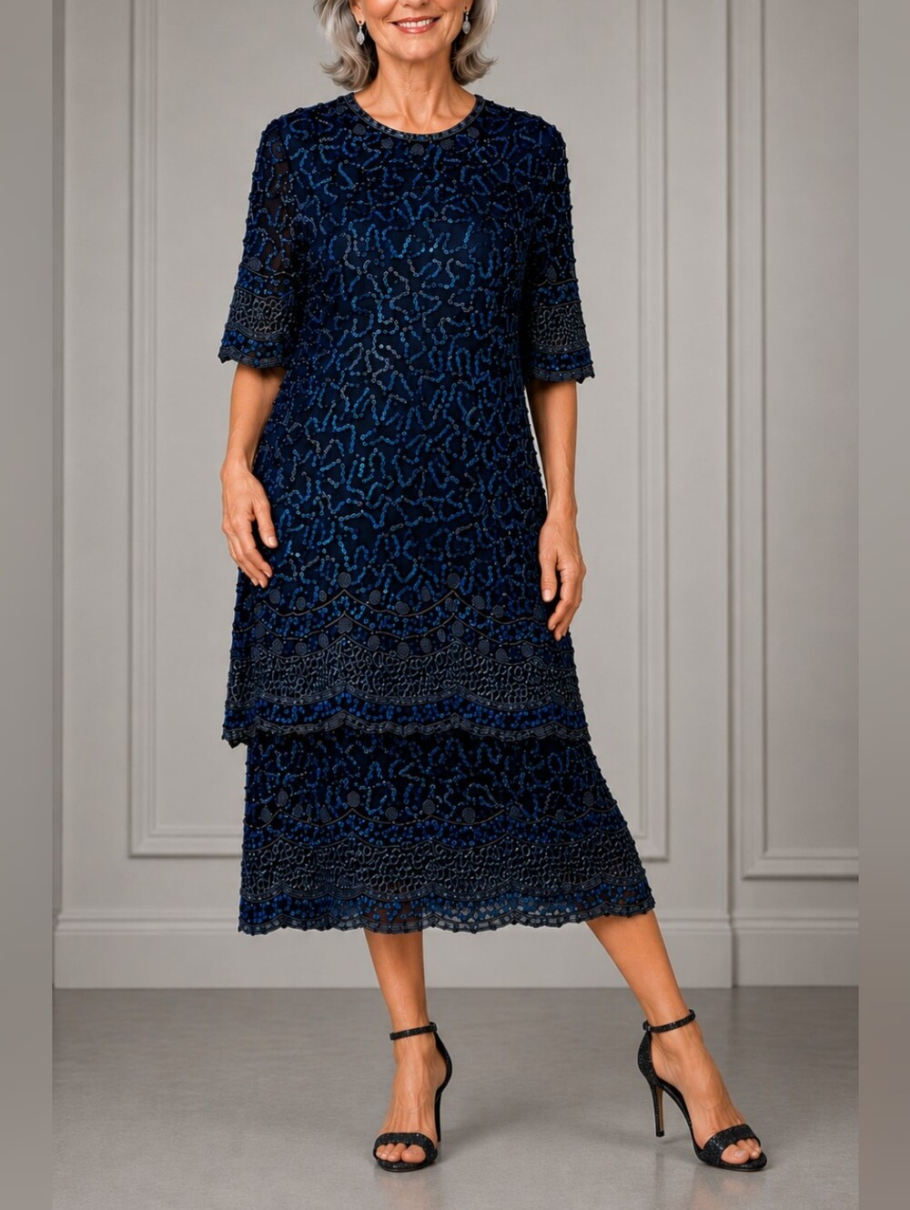 Vintage Brilliante By J.A. 100% Silk Beaded Sequin Navy Midi Dress Women Size XL